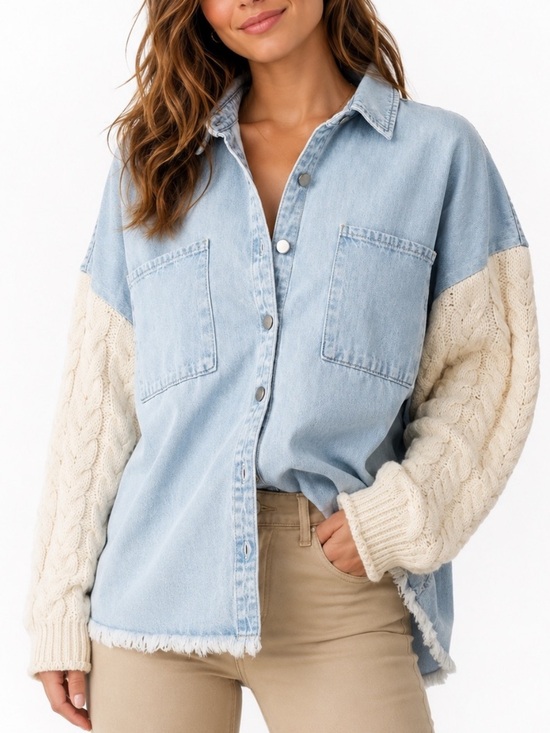 Blu Pepper Jackets & Blazers - Blu Pepper Oversized Denim Two Tone Knit Sleeve Boho Casual Shacket Size XL